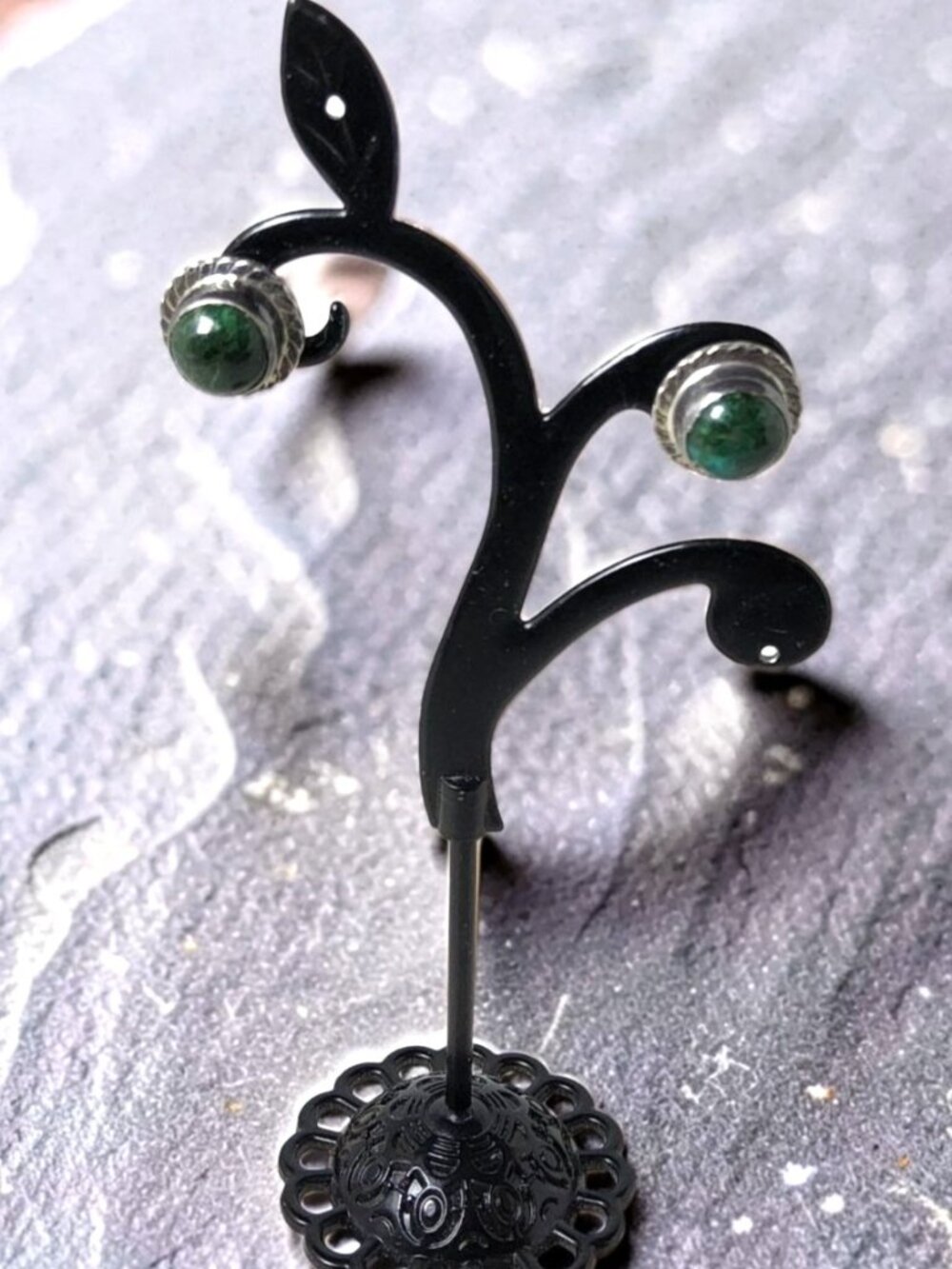 Vintage Green Malachite 925 Silver Plated Post Earrings.
